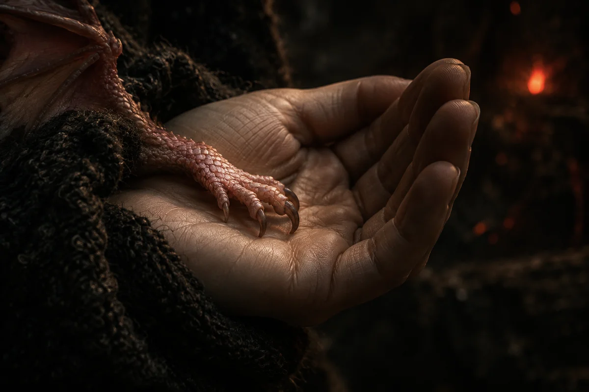 A tiny pink dragon claw resting in an open human palm
