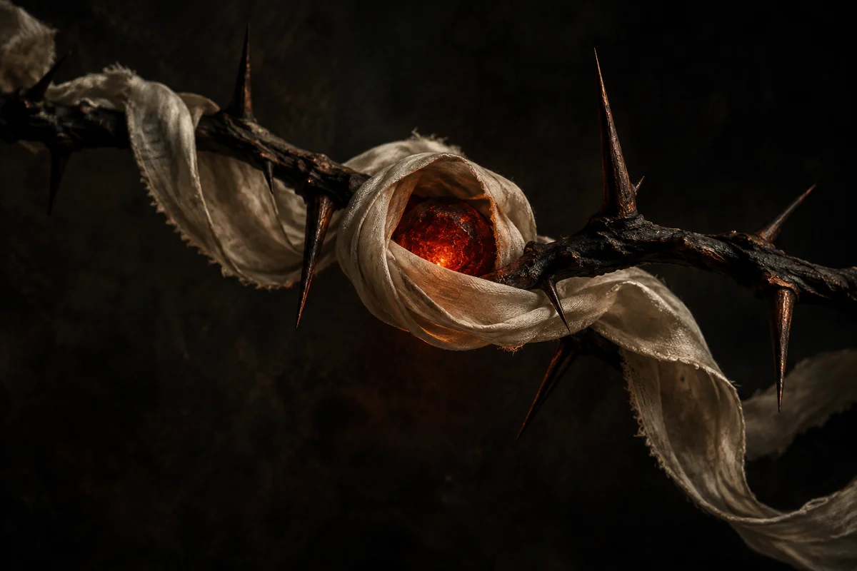 An ivory ribbon cradles an ember among dark thorns
